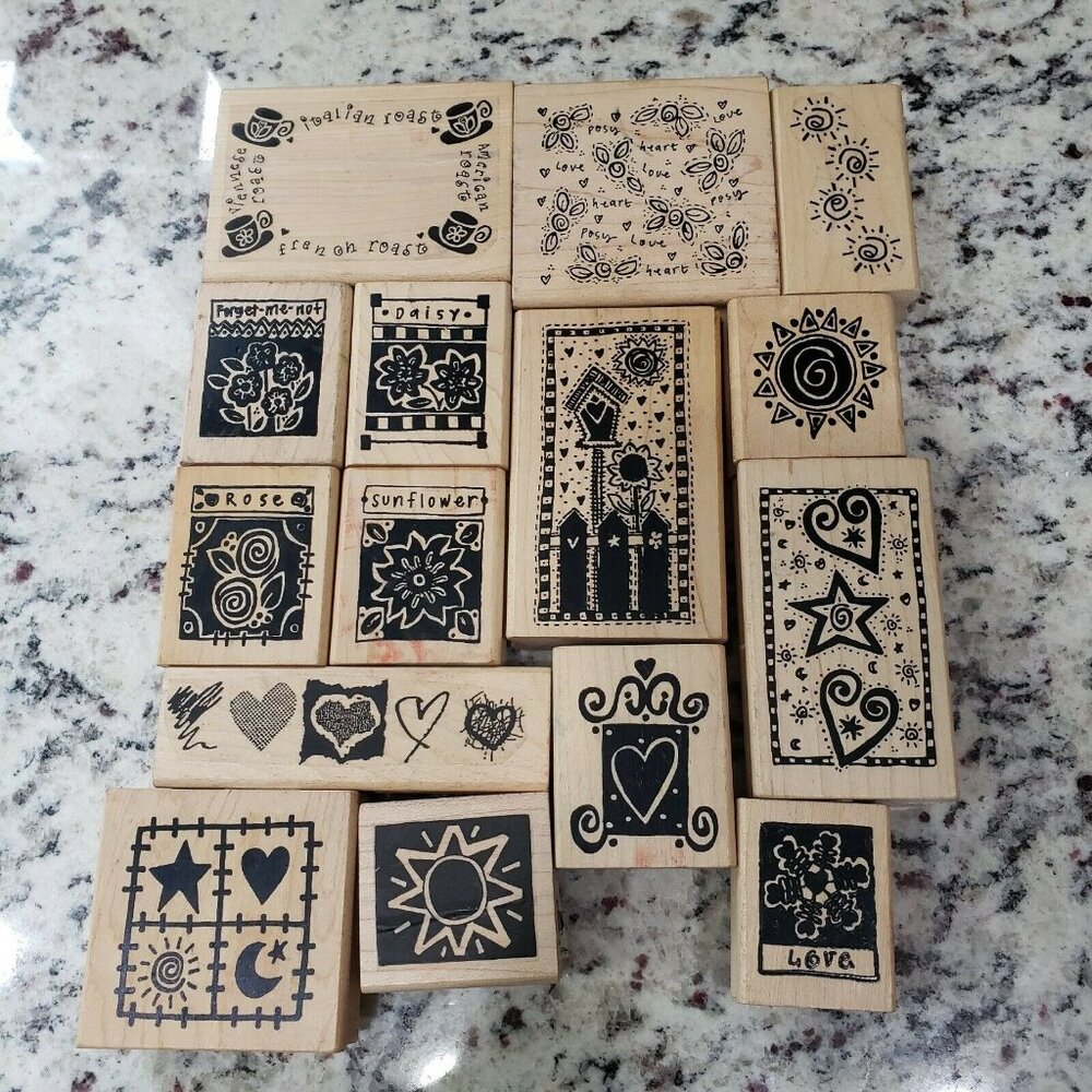 A Stamp In The Hand Co Wood Backed Rubber Stamp Lot Hearts Flowers Coffee Sun